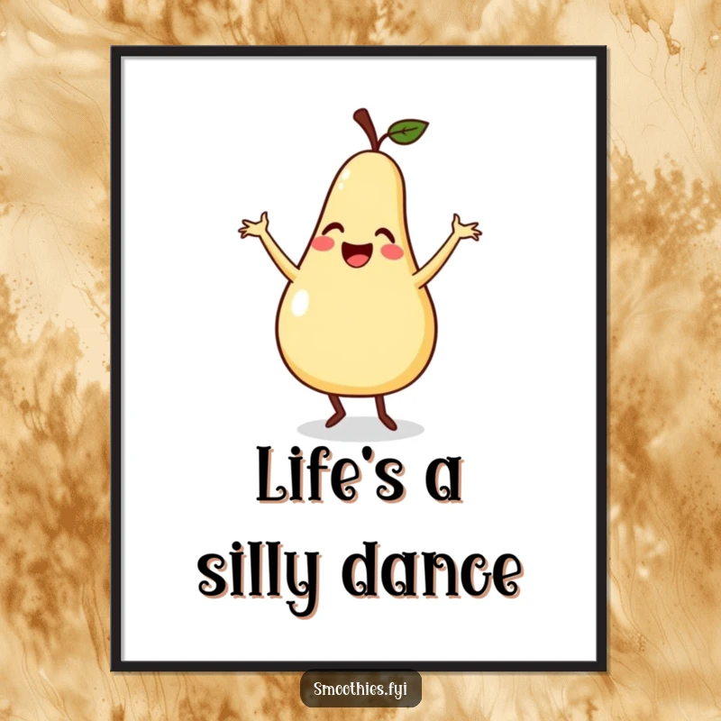 Funny poster featuring a smiling pear doing a silly dance with flailing arms, perfect for adding vibrant, humorous art.