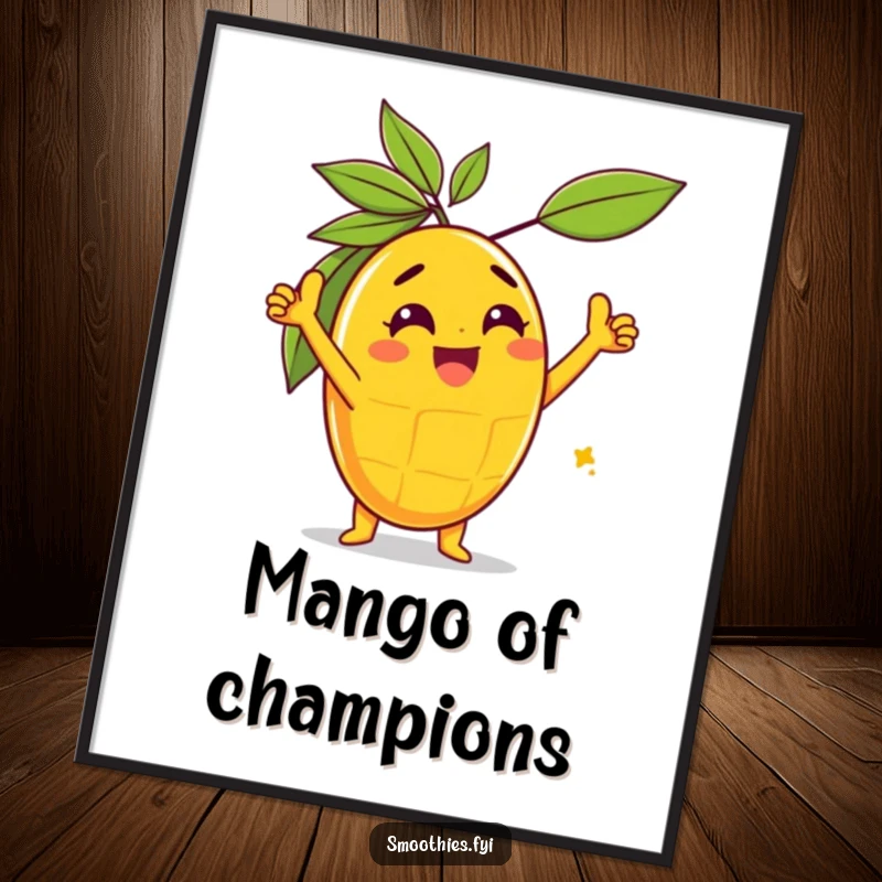 Funny gleeful mango character in a triumphant pose on a wall poster, conveying achievement and humor.