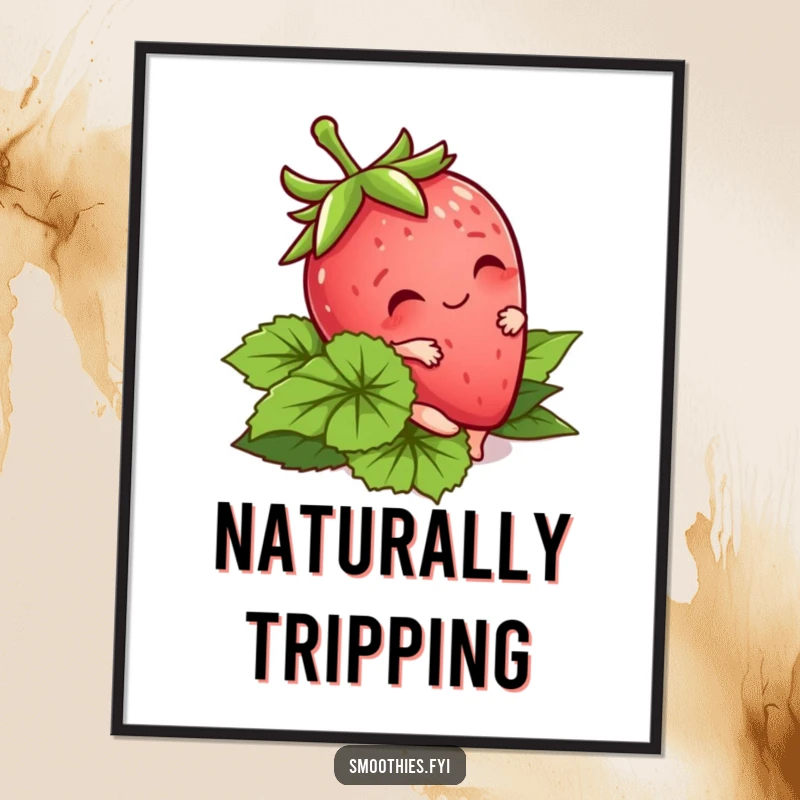 Funny Kawaii Strawberry Poster showing a cute character tripping playfully. Charming and humorous wall art.