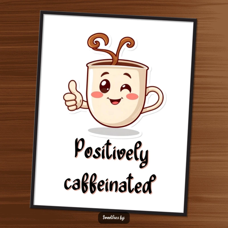 Funny poster featuring a steaming coffee cup character giving a thumbs up, bringing a humorous and approving touch to any wall.