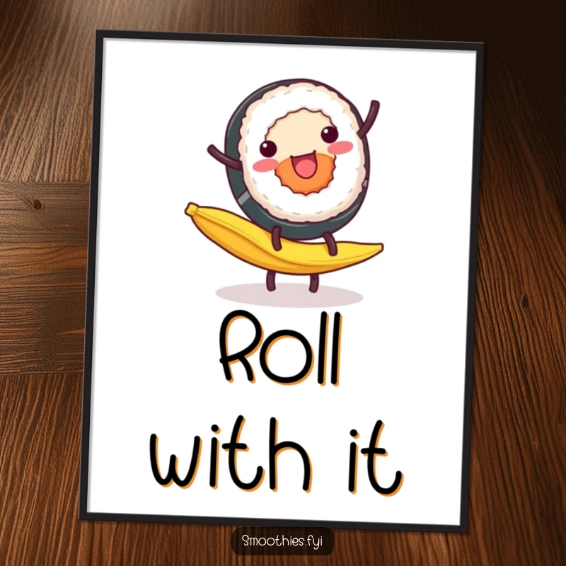 Funny Poster: A cheerful sushi roll is captured mid-cartwheel on a banana peel, creating a humorous and dynamic artwork.