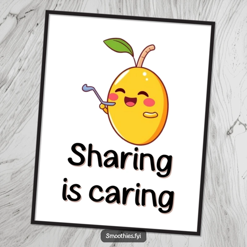 Funny laughing mango character sharing a smoothie with a tiny spoon, a humorous and joyful wall art.