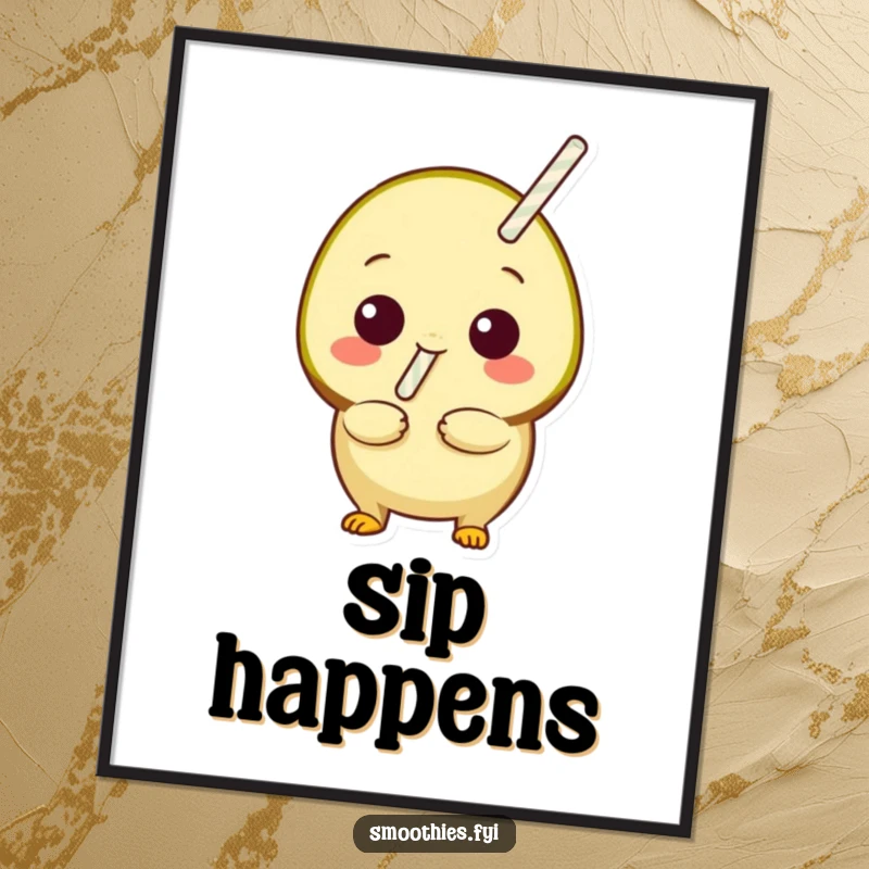 Funny playful kiwi with a straw sticking out, ready to sip, on a poster, creating a vibrant and humorous wall decoration.