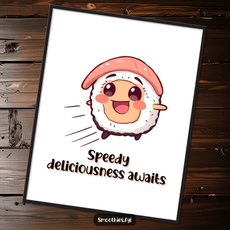 Funny poster showcasing a smiling sushi character in full zoom with speed lines, bringing a humorous and dynamic touch to any room.