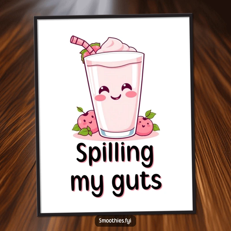 Funny Poster: A happy Kawaii smoothie character joyfully spills its drink, creating a scene of playful disarray.