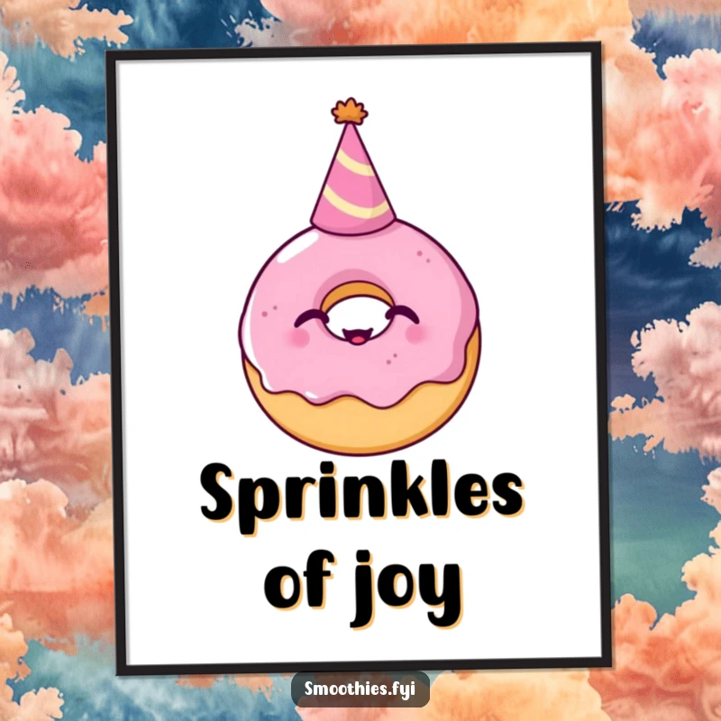 Funny Poster: A giggling donut crowned with a tiny party hat radiates infectious joy, creating a whimsical and humorous piece of food-themed art.