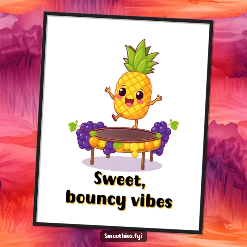 Funny Poster: A giddy pineapple performs an exaggerated bounce on a trampoline made of grapes, an absurd and humorous piece of fruit-themed wall art.