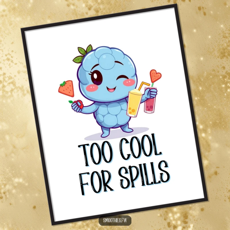 Funny winking blueberry character poster juggling fruit smoothies, vibrant and humorous fruit art.