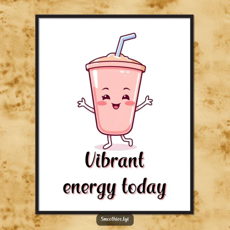 Funny smoothie poster featuring a cheerful, smiling smoothie cup dancing enthusiastically with its straw, radiating pure, blended joy and vibrant energy.