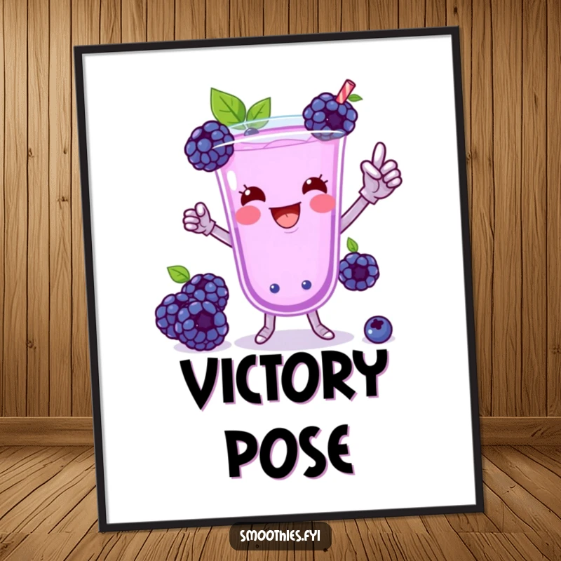 Funny Blueberry Smoothie Victory Dance Poster: A playful blueberry smoothie doing a silly dance, bringing vibrant humor.