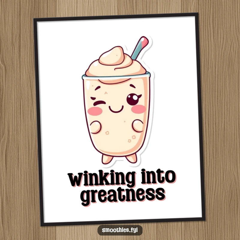 Funny Kawaii smoothie poster, cheerful character giving a playful wink, humorous and charming wall art.