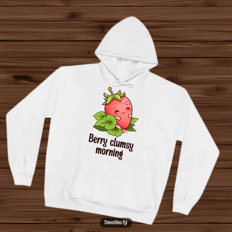 Funny Kawaii Strawberry Hoodie featuring a cute character tripping over its own leaves. Cozy and charmingly humorous.