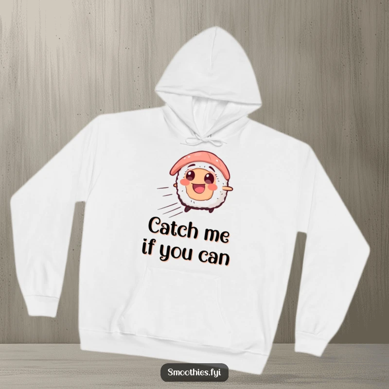 Funny hoodie featuring a smiling sushi character in motion with speed lines, offering a cozy and humorous addition to any casual wear.
