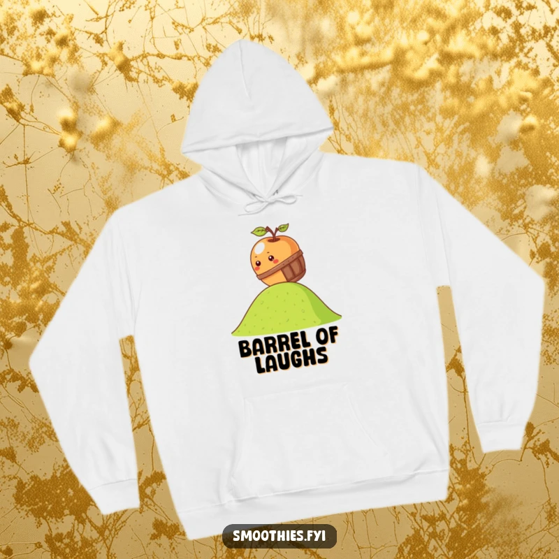 Funny kawaii apple hoodie showing an apple rolling down a hill in a miniature barrel, perfect for cozy, humorous apparel.