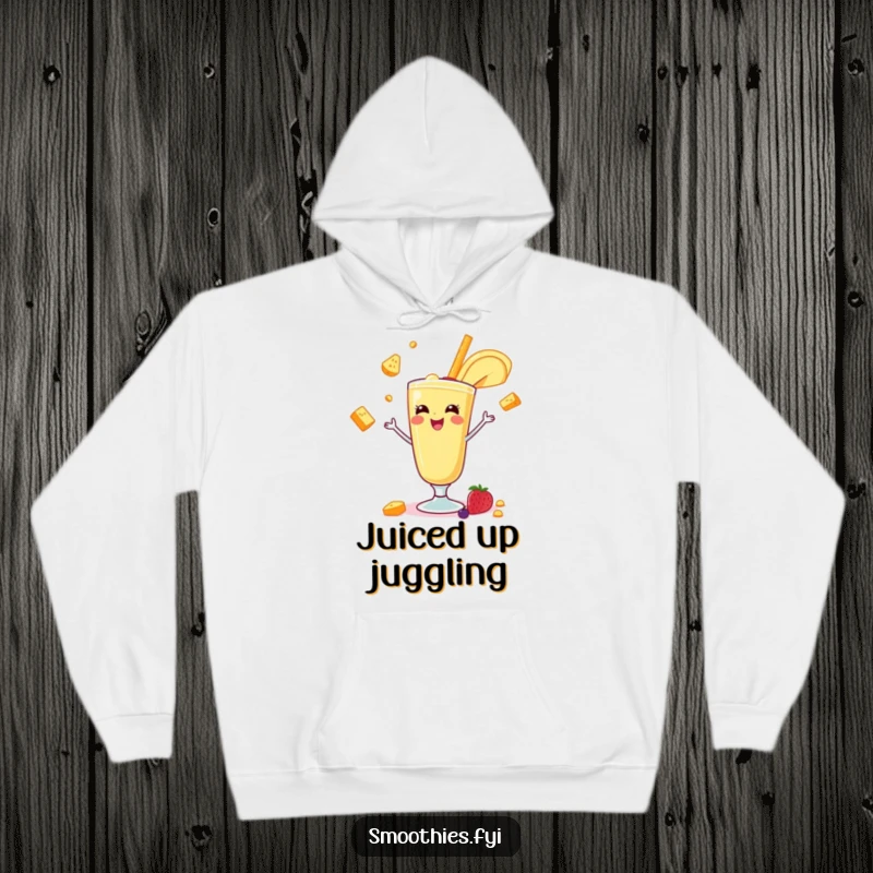 Funny banana smoothie juggling fruits on a cozy hoodie, illustrating a cheerful and entertaining character. Ideal funny gift.
