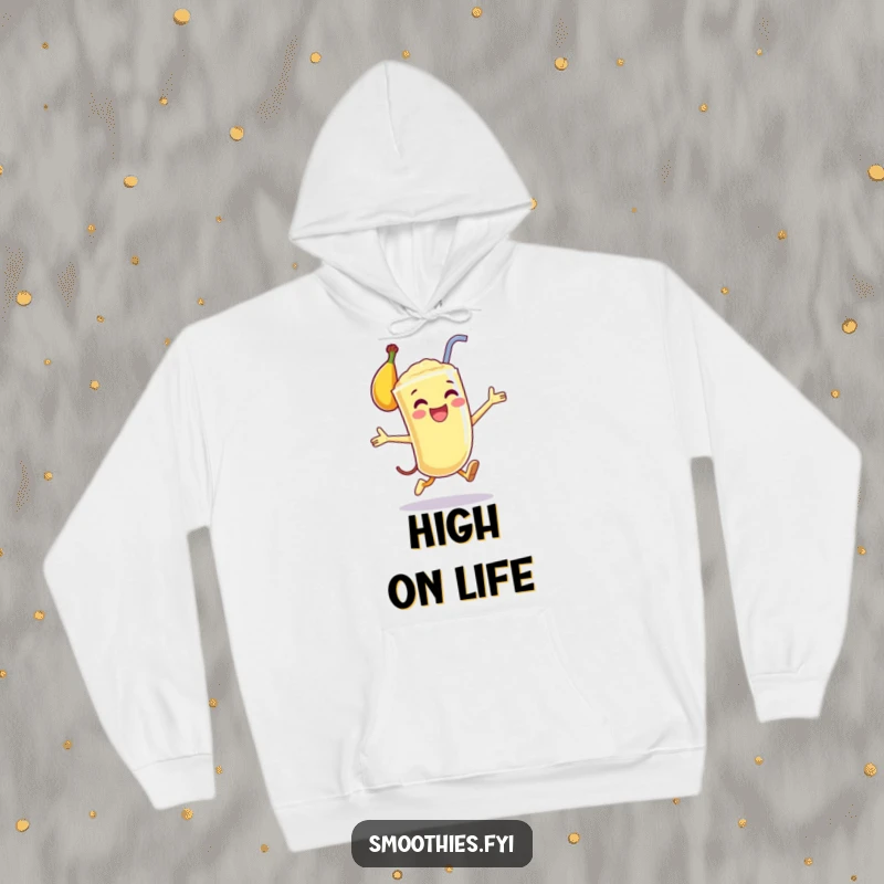 Funny hoodie featuring a happy anthropomorphic banana smoothie performing an energetic leap, designed for warmth and cheerful vibes.