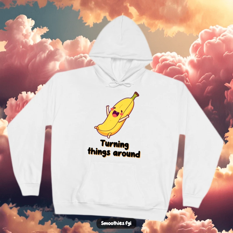 Funny hoodie with a cheerful banana character in the midst of a joyful somersault, radiating fun.