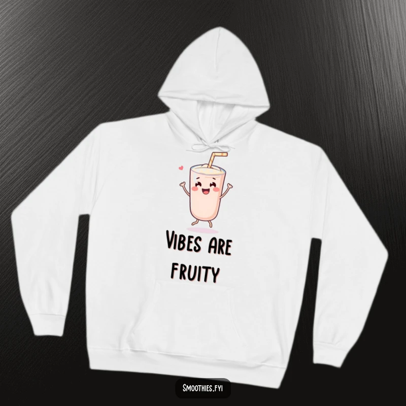 Funny cheerful Kawaii smoothie character doing a joyful dance with a straw, featured on a soft, warm hoodie for ultimate cozy happiness.