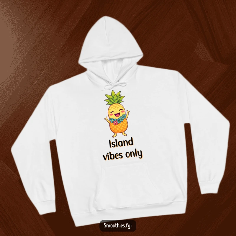 Funny laughing pineapple character hoodie with lei doing the hula, cozy and humorous tropical clothing.