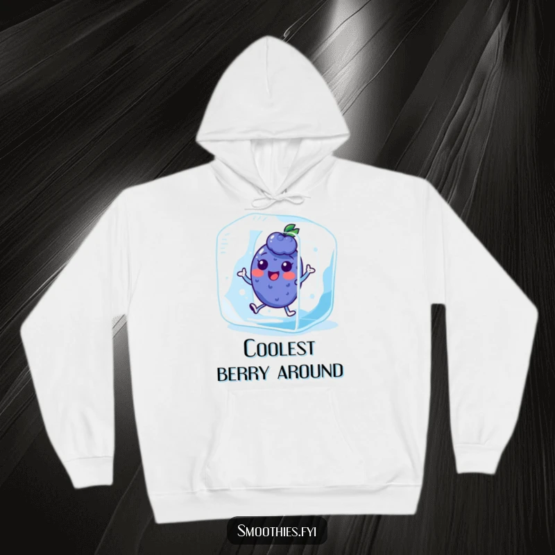 Funny Kawaii Blueberry Hoodie featuring a cute character hopping inside an ice cube. Cozy and refreshingly humorous.