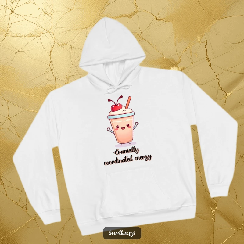 Funny Kawaii Smoothie Cup Hoodie showing a cute cup joyfully bouncing a cherry on its lid. Cozy and humorous apparel for all.