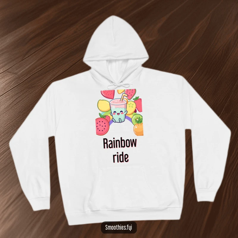 Funny Hoodie: A giggling Kawaii smoothie slides down a fruit rainbow, offering warmth and playful charm.