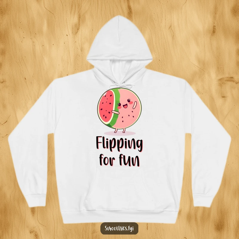 Funny kawaii watermelon slice hoodie, happily cartwheeling with a smile, a cozy and humorous apparel choice.