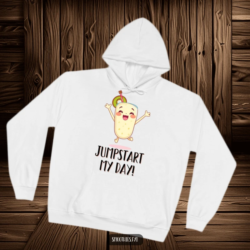 Funny hoodie with an excited kiwi smoothie character jumping with glee, offering cozy warmth and an energetic, cheerful vibe.