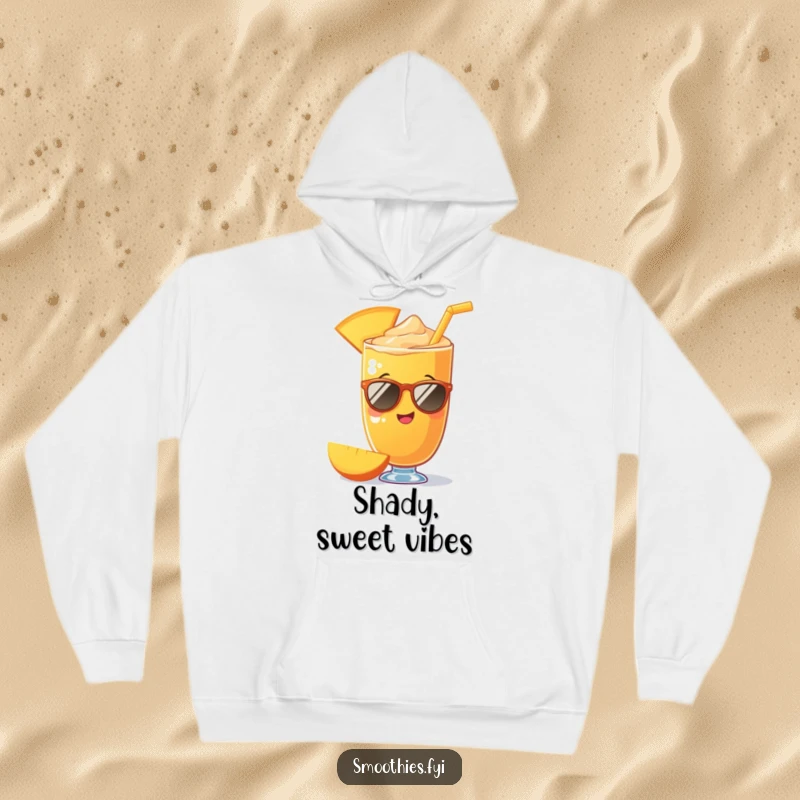 Funny mango smoothie wearing sunglasses on a cozy hoodie, radiating coolness and fun. Ideal funny gift.