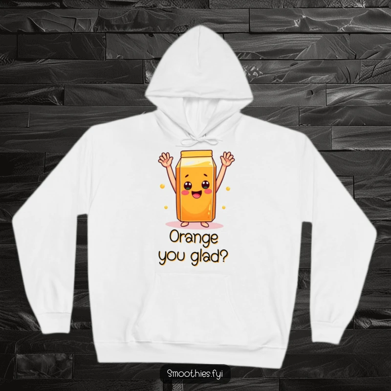 Funny orange juice carton hoodie with arms raised in celebration, offering cozy cheer and positive vibes.