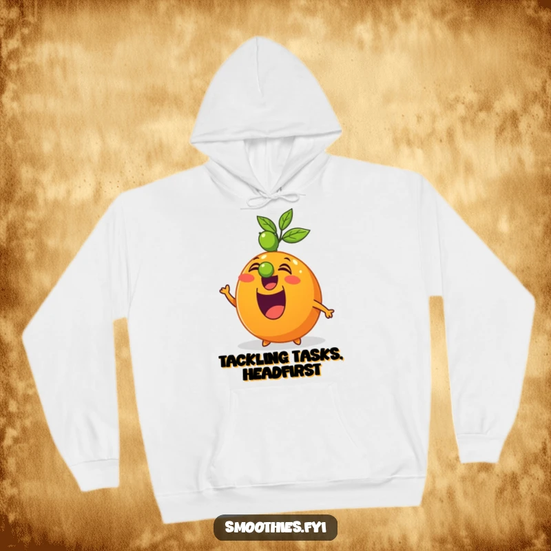 Funny hoodie depicting a cheerful orange character skillfully balancing a lime on its nose, radiating fun.