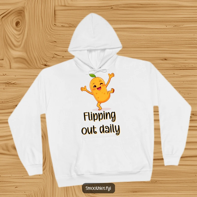 Funny hoodie featuring a cheerful anthropomorphic orange smoothie doing cartwheels with a wink, perfect for cozy and cheerful moments.