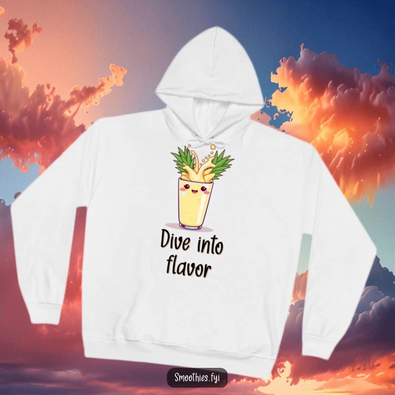 Funny pineapple smoothie splashing into a cup on a cozy hoodie, showcasing a lively and fun character. Ideal funny gift.