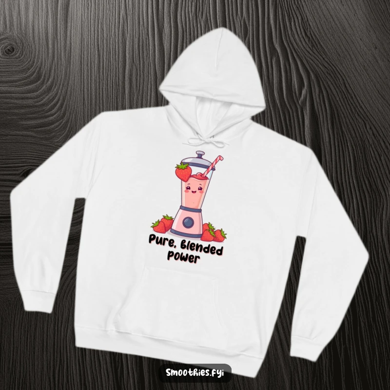 Funny strawberry smoothie blast design on a cozy hoodie, showcasing a cheerful and energetic character. Perfect for a funny gift.