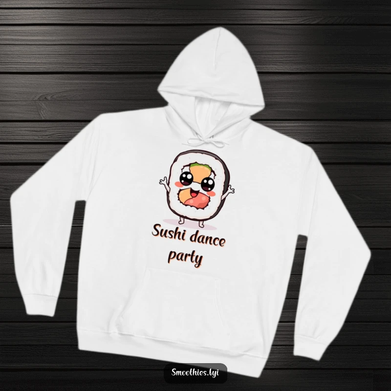 Funny sushi hoodie with a googly-eyed sushi roll character performing a silly jig, offering warmth and quirky humor.
