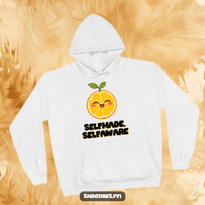 Funny hoodie featuring a cheerful tangerine winking as it splits in half, offering cozy comfort and a dose of humor.