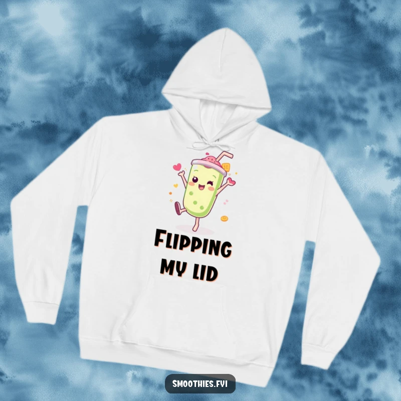 Funny Kawaii smoothie hoodie, character doing a cartwheel with a splash of flavor, warm and humorous.