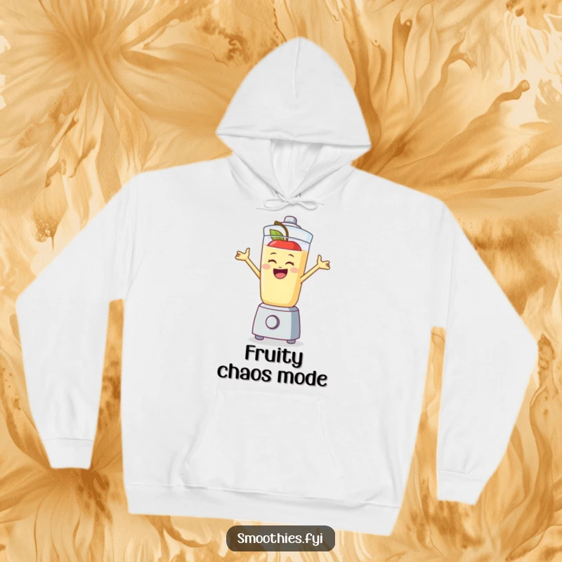 Funny apple smoothie character leaping in a blender, a warm and humorous hoodie perfect for cozy days.