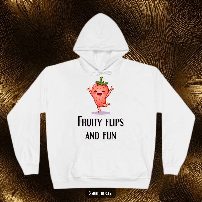 Funny strawberry character hoodie doing a cartwheel with a bright smile, cozy and humorous fruit apparel.