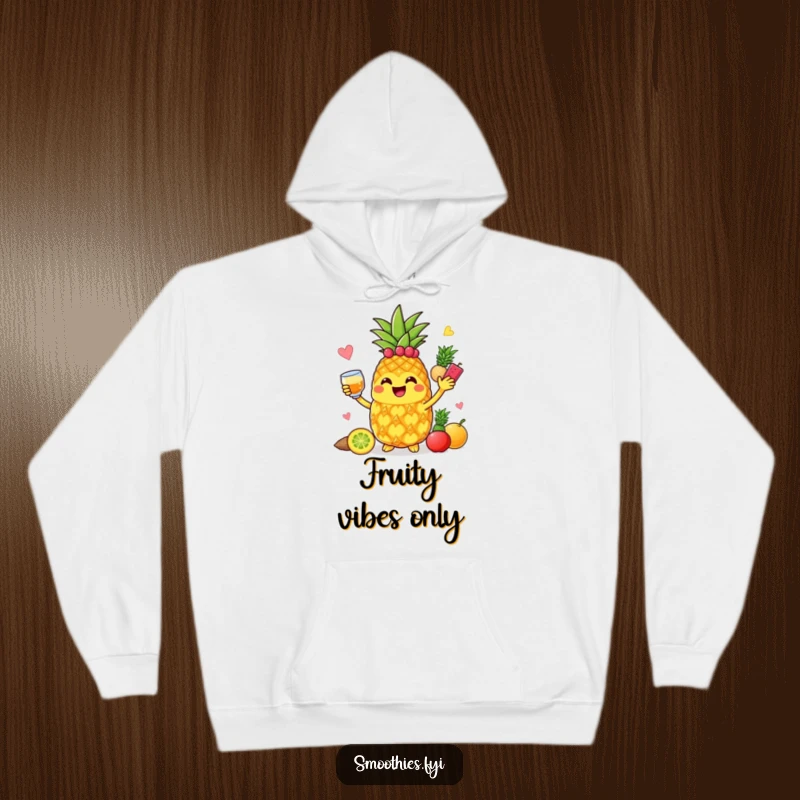 Funny jolly pineapple character blending fruits, perfect for a cozy hoodie, bringing warm vibes.