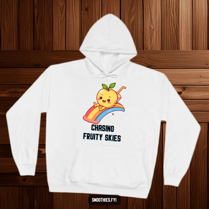 Funny smiling apple character sliding down a rainbow into a smoothie, perfect for a cozy hoodie.