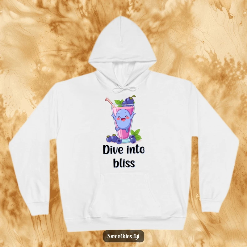 Funny plump blueberry character leaping into a smoothie glass, perfect for a cozy hoodie.