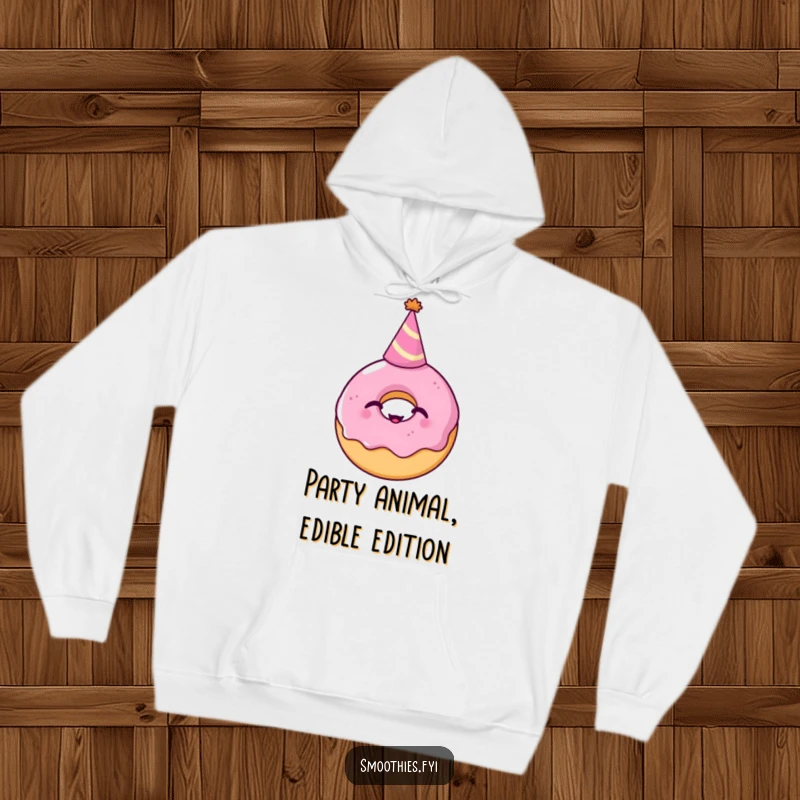 Funny Hoodie: A plump donut sporting a miniature party hat is caught in a fit of giggles, offering cozy comfort and a dose of sugary merriment.