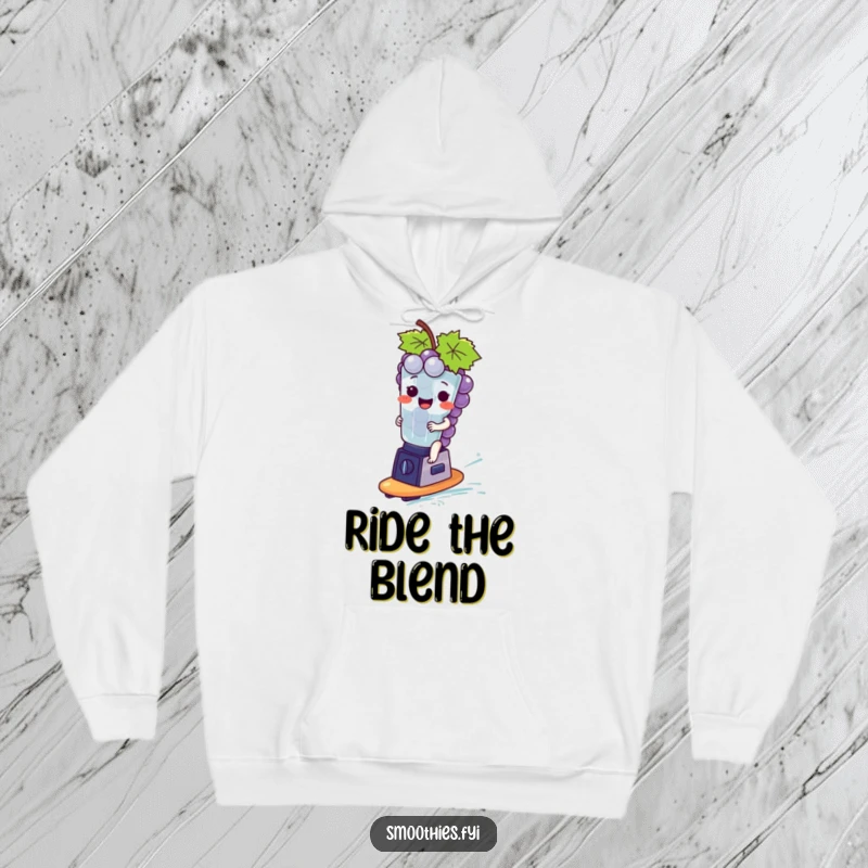 Funny giggling grape bunch character joyfully surfing a small blender, showcasing quirky fun on this hoodie.