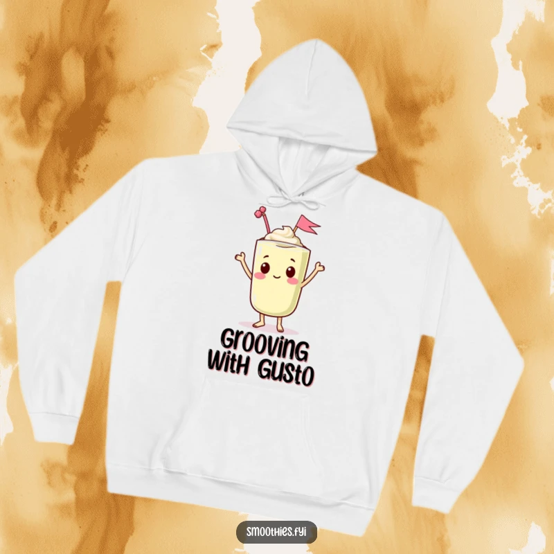 Funny hoodie featuring a dancing kawaii smoothie character waving a tiny flag, providing warmth and humorous, festive celebration.