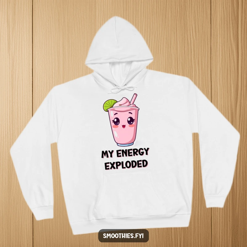 Funny hoodie featuring a surprised kawaii smoothie character with wide eyes, popping out of a cup, offering warmth and humorous shock.