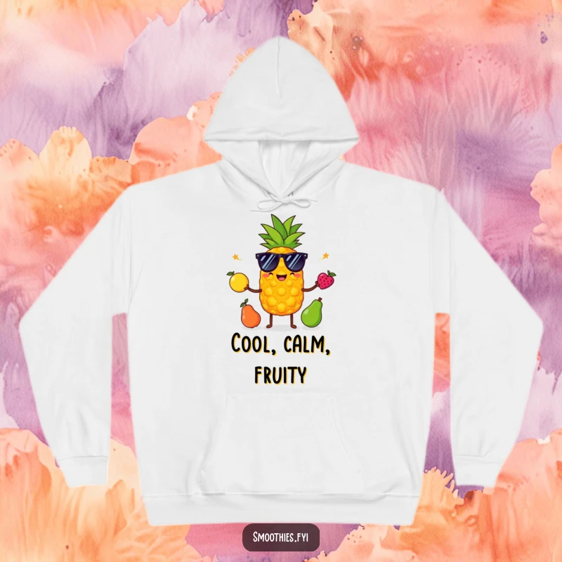 Funny pineapple with sunglasses juggles fruit on a cozy hoodie, projecting a relaxed yet humorous and stylish appeal.
