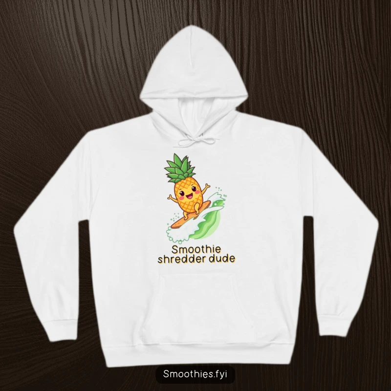 Funny pineapple character catching a smoothie wave, featured on a comfortable and stylish hooded sweatshirt.