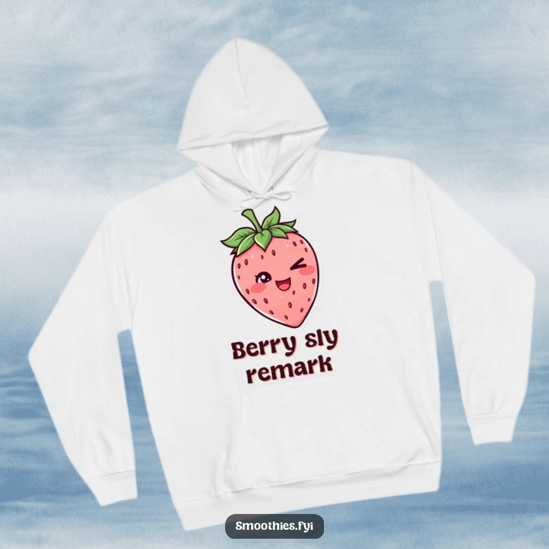 Funny hoodie showcasing a cheerful strawberry character with a playful wink, offering a cozy and comical addition to any wardrobe.