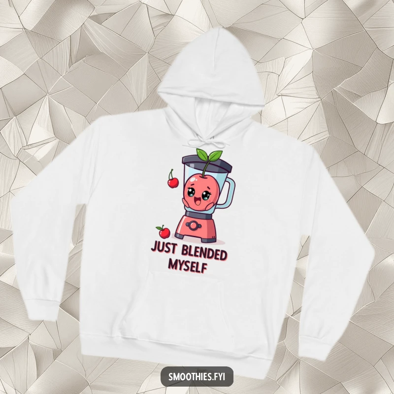 Funny surprised cherry character popping out of a blender design on a cozy hoodie, emphasizing a humorous escape.